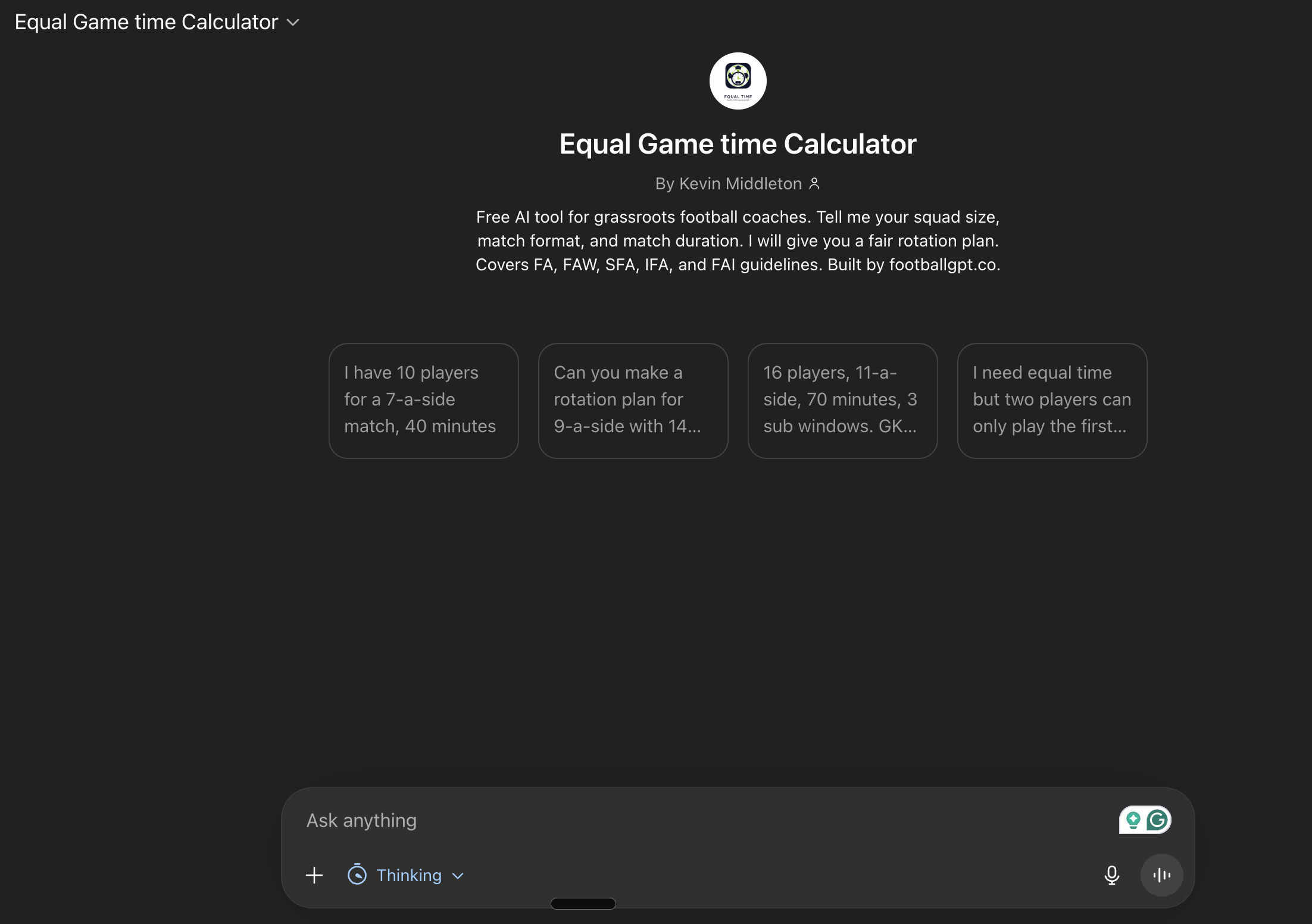 Equal Game Time Calculator GPT in ChatGPT