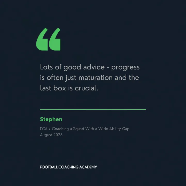 Stephen, on coaching a squad with a wide ability gap: Lots of good advice. Progress is often just maturation and the last box is crucial.